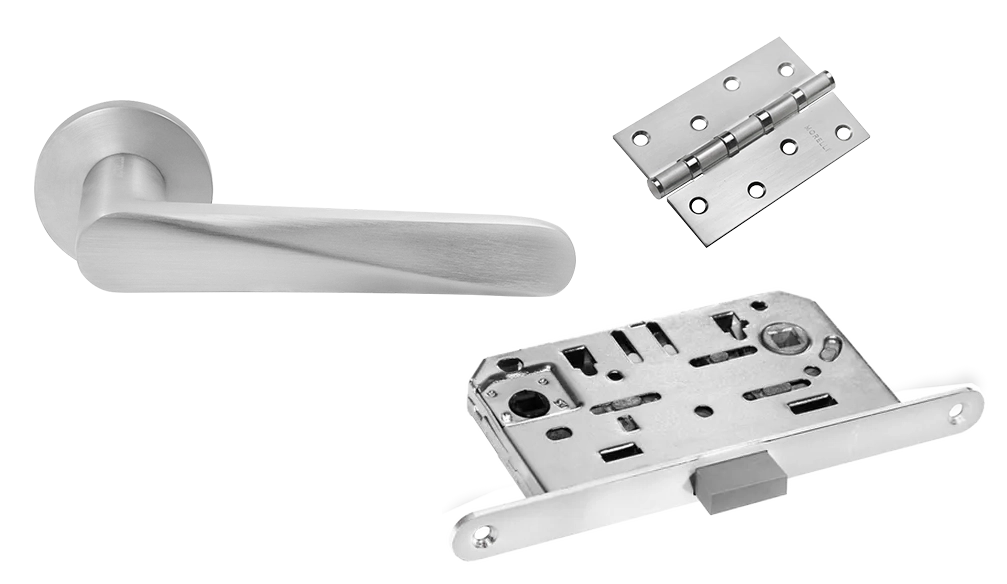 Комплект дверных ручек MH-58-R6 SC + защёлка бесшумная M1895 SC + петли врезные универсальные MSN 100X70X2.5-4BB SC (2шт)