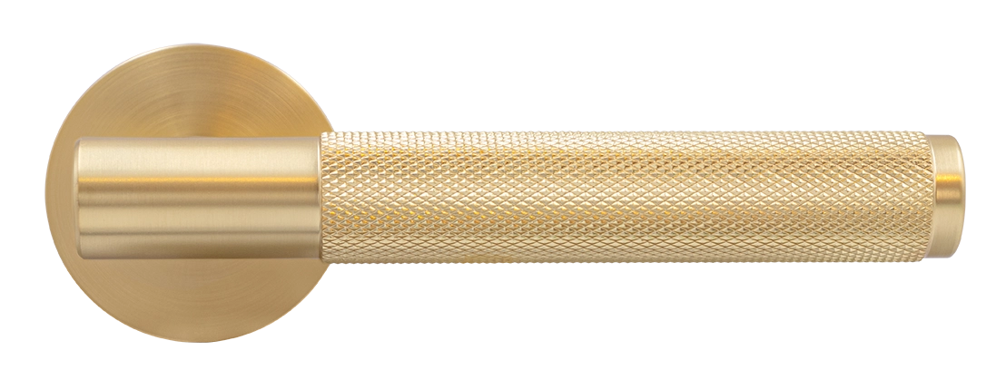 Ручка дверная AZRIELI MH-57-R6T MSG раздельная на круглой розетке, цвет матовый сатинированный золото, ЦАМ фото купить в Новокузнецке