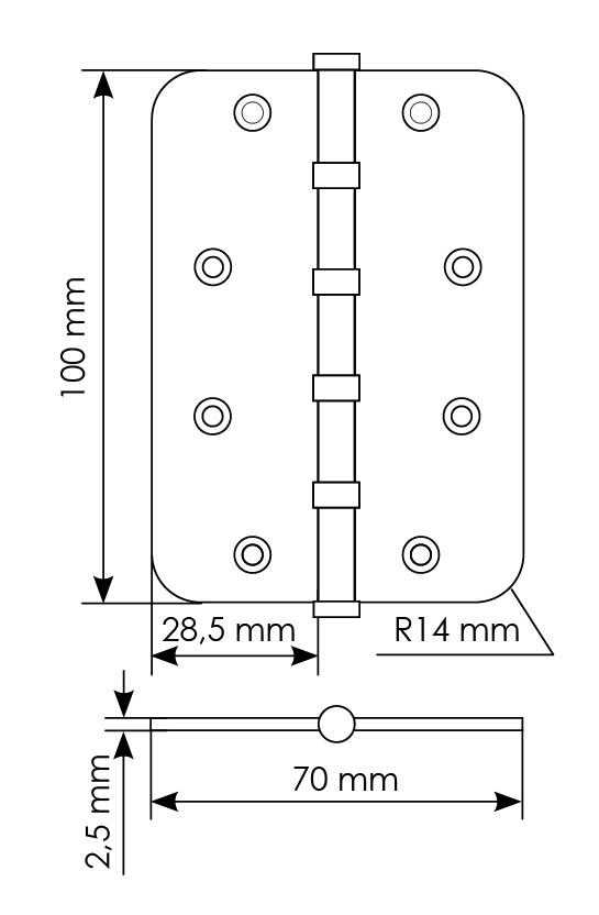 Петля стальная MSN-C 100X70X2.5-4BB SN скругленная универсальная с подшипником, вес полотна до 40 кг, цвет белый никель фото купить в Новокузнецке